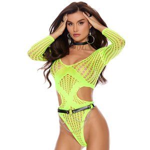 Long Sleeve Crochet Teddy with Cut Out Sides Chartreuse